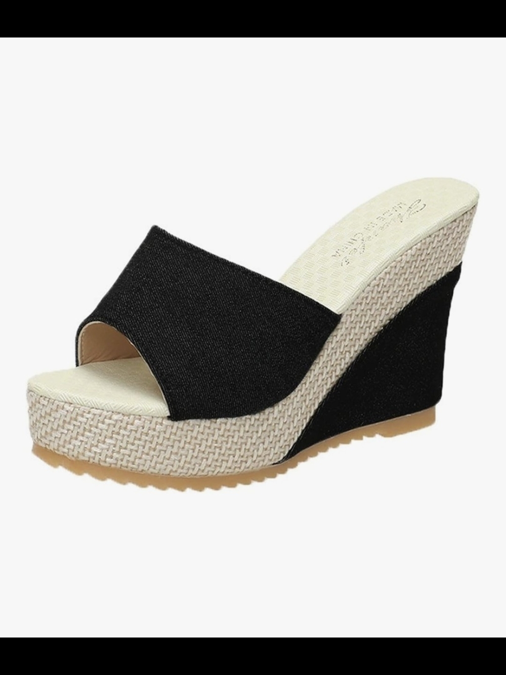Black Wedge Slide Sandals with Woven Platform CN Size 43 US Size 10-10.5